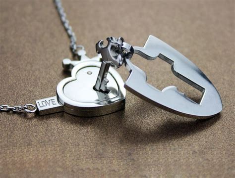 Engraved Real Lock And Key Heart Lovers Matching Necklaces Set For 2