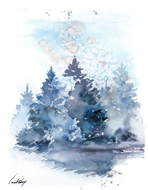 Blue Pine Trees Christmas Artwork Original Watercolor Etsy