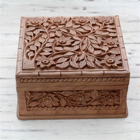 Walnut Wood Jewelry Box Hand Carved And Lined Blossoms In The Valley