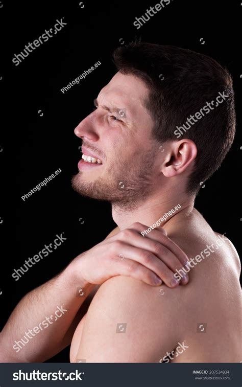 Naked Man Suffering Shoulder Pain Vertical Foto Stok 207534934