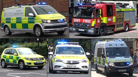 Police Fire And Ambulance British Emergency Vehicles Responding In