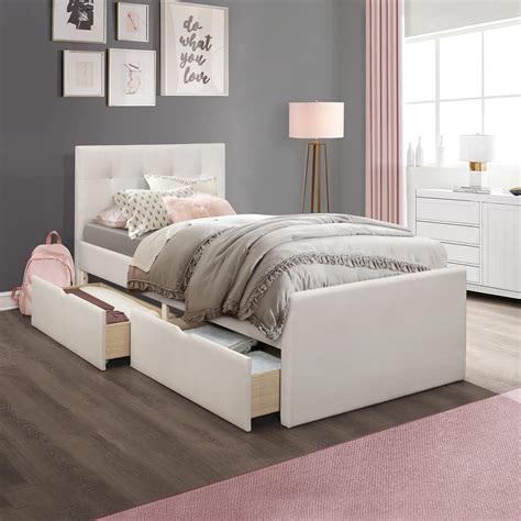 Emory Upholstered Twin Platform Bed With 2 Storage Drawers Cream By