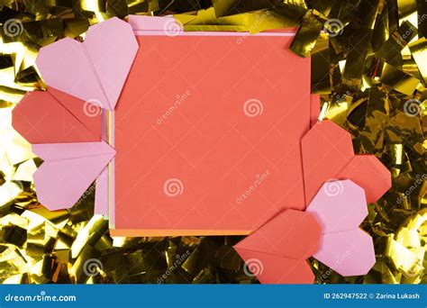 Origami Pink And Red Hearts With Sheet Of Paper Place For Text Centered