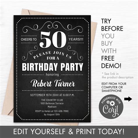 50th Birthday Party Invitation Instant Download Digital Etsy