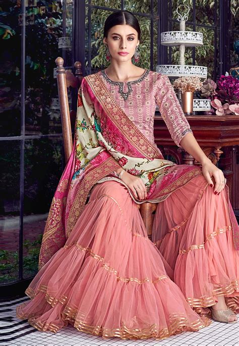 Pink Silk Embroidered Sharara Suit 8004 Gharara Designs Sharara Designs Fashion