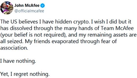 Последние твиты от john mcafee (@officialmcafee). Джон Макафи заявил об утрате всех сбережений в криптовалютах