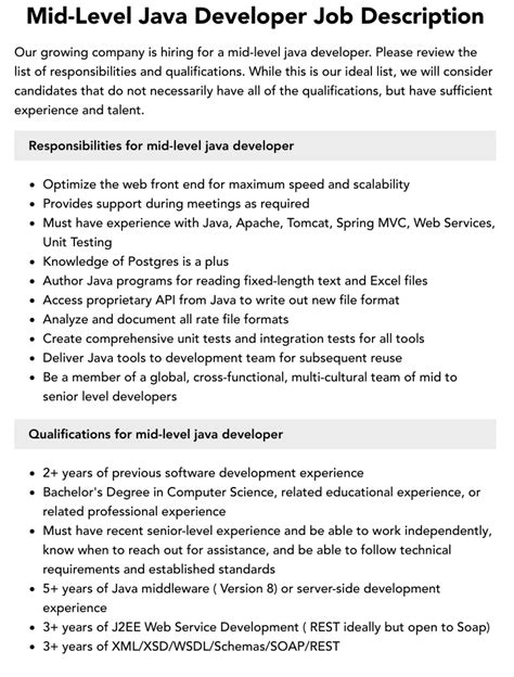 Mid Level Java Developer Job Description Velvet Jobs