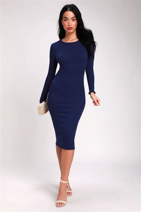 Connelly Navy Blue Ribbed Long Sleeve Bodycon Midi Dress In 2020 Long
