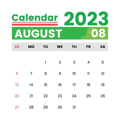 Gambar Desain Kalender Bulanan Agustus 2023 Latar Belakang Transparan Clipart Kalender Bulanan