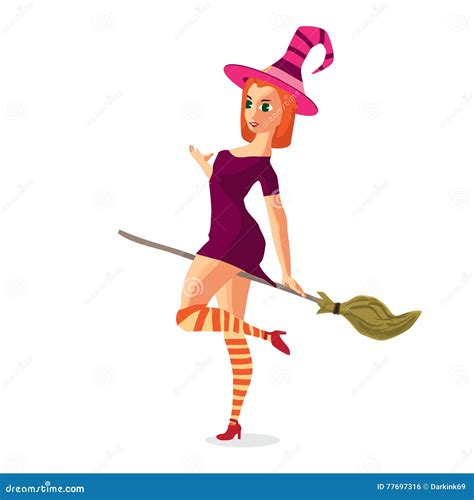 Beautiful Witch Sitting On Broom Cartoon Vector 33648319