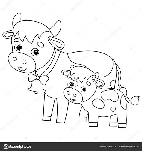 Desenho Da P Gina De Colorir Da Vaca Dos Desenhos Animados Com Bezerro Animais De Quinta Livro