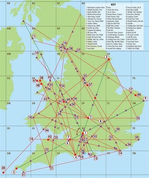 A Map Of Englands Ley Lines And A Key Of Sacred Sites That They Pass