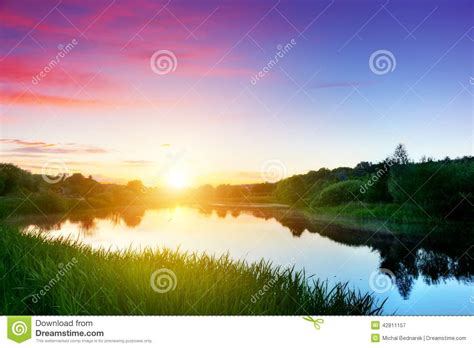 Lake In Forest At Sunset Romantic Sky Stock Image Image Of Morning