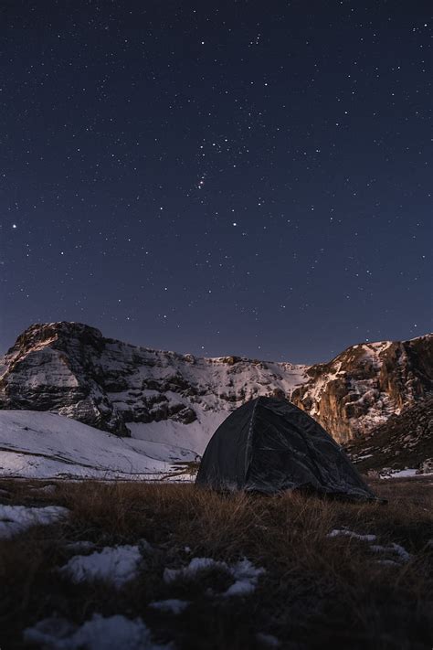 Tent Camping Mountains Nature Night Stars Snowy Hd Phone
