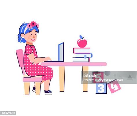 Kartun Anak Menggunakan Laptop Gadis Kecil Belajar Di Komputer