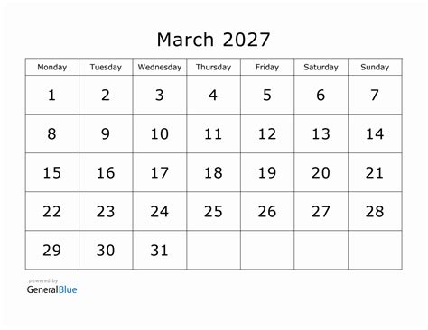 Printable March 2027 Calendar