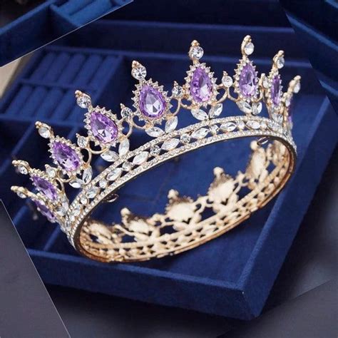 Purple Crown Round Gold Wedding Tiarawhite Crystal Bridal Etsy
