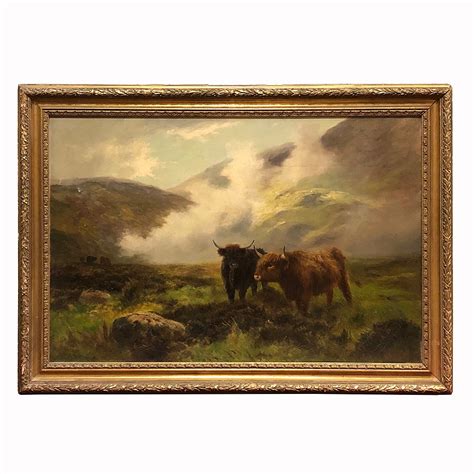 Oil Painting 24i X 36i 19thc Scottish Landscape With Highland Cattle