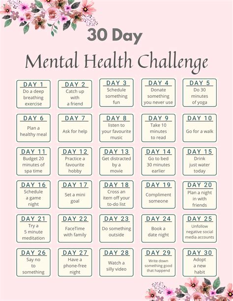 30 Day Mental Health Challenge Guide Self Care Worksheet Etsy