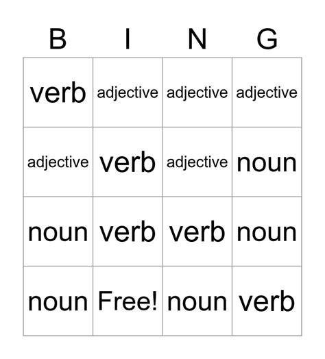 Nouns Verbs And Adjectives Bingo Card