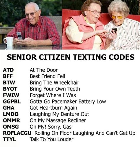 So if you want to have some old fun, then read our senior jokes. Senior citizens texting codes | Old people jokes, Funny ...