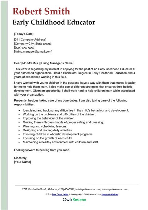 Early Childhood Educator Cover Letter Examples Qwikresume