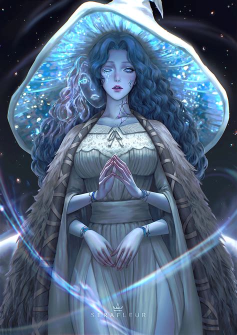 Drawing Ranni Elden Ring Elden Ring Long Hair Hat Cape Dress Blue Eyes Night Magic Fantasy Art