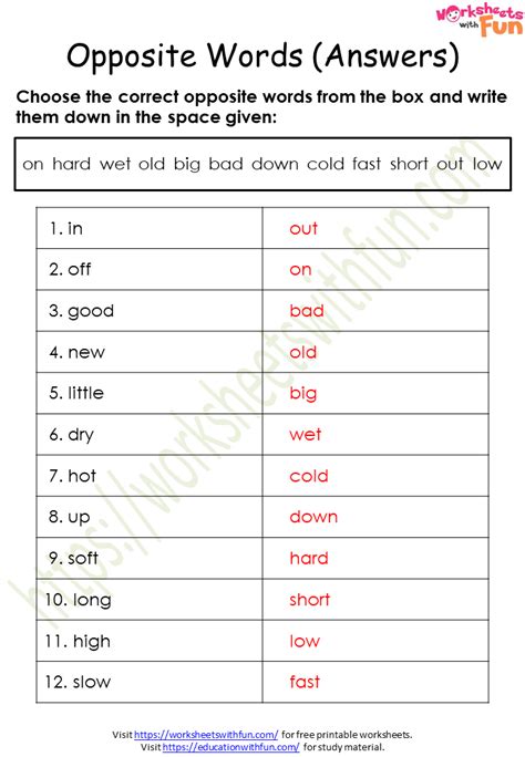 English Class 1 Opposite Antonyms Words Worksheet 1 Answer