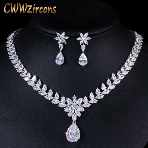 Cwwzircons Luxury Bridal Jewelry Sparkling Cubic Zirconia Necklace And Earrings Sets For Wedding