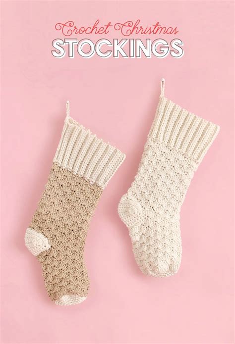 Two Crocheted Christmas Stockings On A Pink Background With The Text Free Pattern