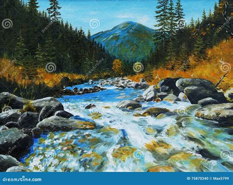 Oil Painting Mountain River Rocks And Forest Abstract Drawing Stock