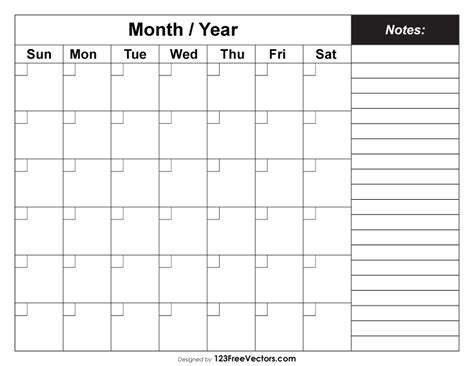 Printable Blank Monthly Calendar With Notes Free By 123freevectors On