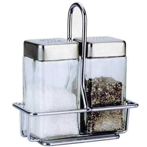salt and pepper glass shakers stainless steel lid and wire rack stand restaurant shaker