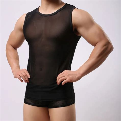 Brand Fishnet O Neck Transparent Man Sexy Cut Outs Fitness T