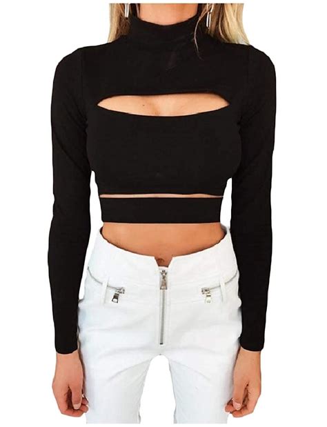 Abetteric Women Sexy O Neck Hollow Silm Fit Sexy Long Sleeve Cropped Tops Blouses Black Xs