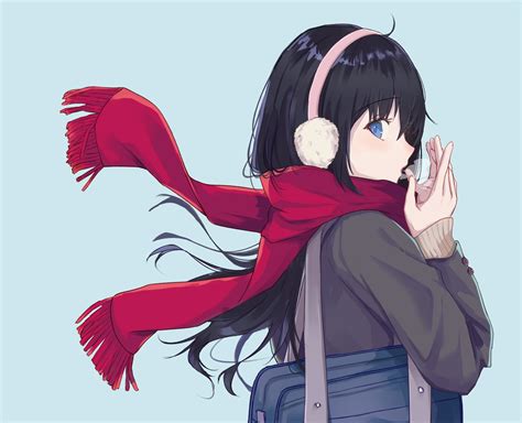 Download 1280x720 Red Scarf Black Hair Anime Girl Profile View