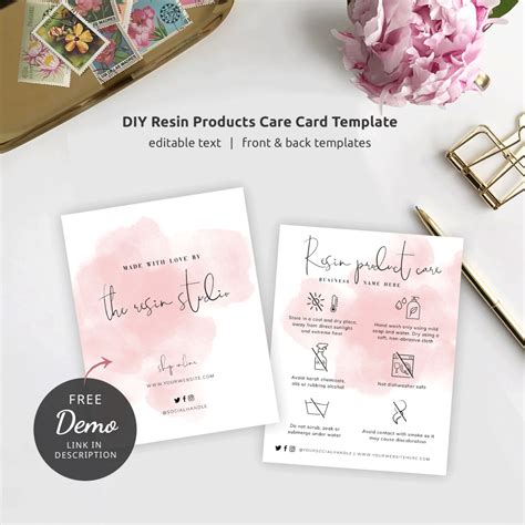 Resin Art Care Card Template Pink Watercolor Resin Care Guide