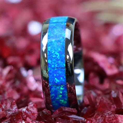 Blue Green Opal Inlay Tungsten Wedding Ring Fire Opal Mens Etsy