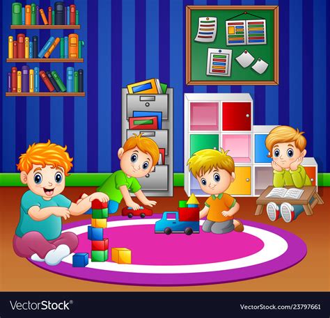 Children Playing With Toys In Playroom Kinderga Vector Image