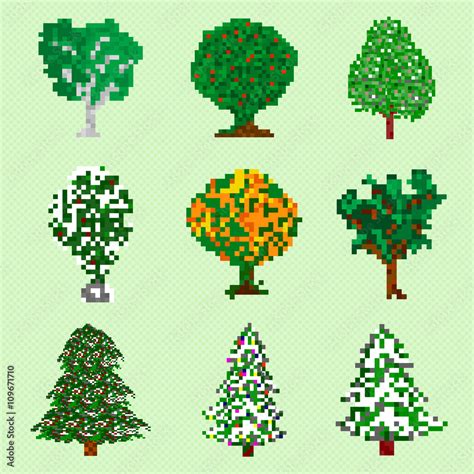 Pixel Art Trees Collection Isolated Objects Stock Vector Adobe Stock