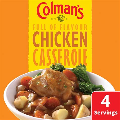 The cooking time will depend on the size of the chicken pieces so do check by removing a piece of chicken and cutting into it with a sharp knife. Colman's Chicken Casserole Recipe Mix 40g | Packet Mixes ...