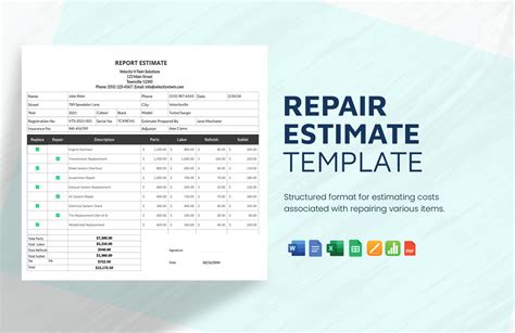 Repair Estimate Template In MS Word Google Sheets MS Excel Pages Numbers Portable Documents
