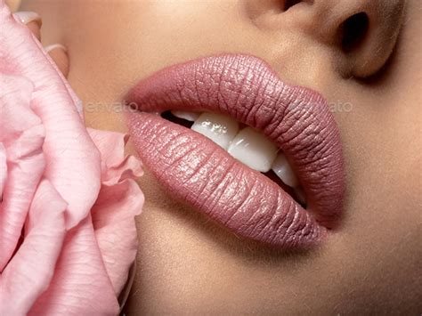 Closeup Sexy Female Lips With Pearl Lipstick Women S Lips And P Stock
