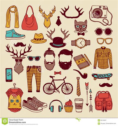 Modern Graphic Elements In Hand Drawn Style Fashioned Hipsters Culture