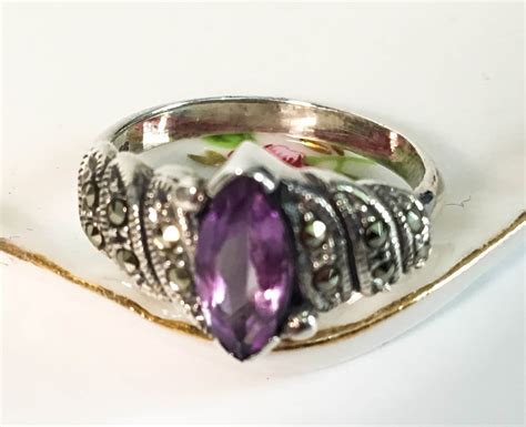 Vintage Sterling Silver Amethyst And Marcasite 925 Sterling Silver Ring