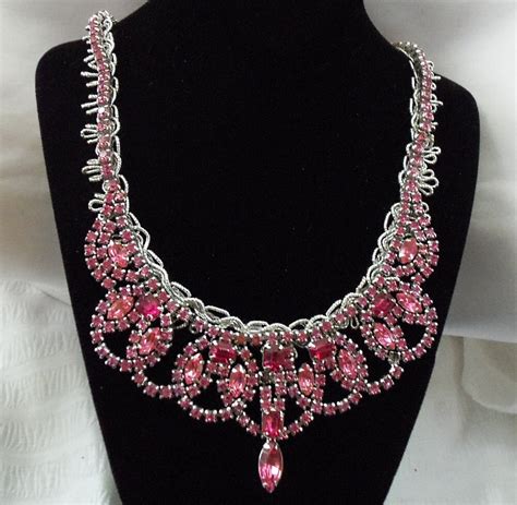 Rhinestone Necklace Pink Bib Vintage Couture By Hopscotchcouture