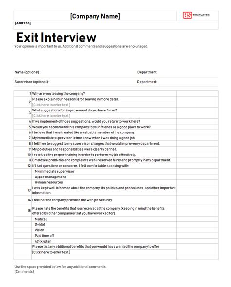 exit interview template forms  excel