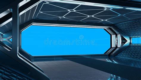 Dark Blue Spaceship Futuristic Interior Mockup With Window 3d Rendering