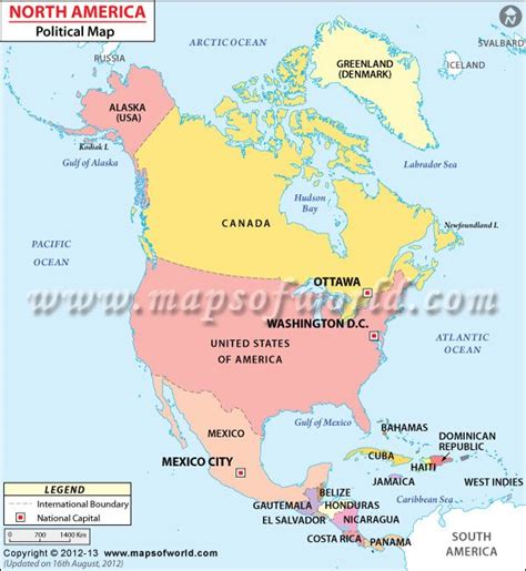 North America Political Map Depicting International Boundaries
