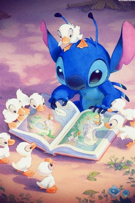 Stitch Reading The Ugly Duckling To Baby Ducks Phone Wallpaper • Lock